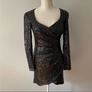 LA FEMME Black Long Sleeve Sequin Cocktail Mini Dress